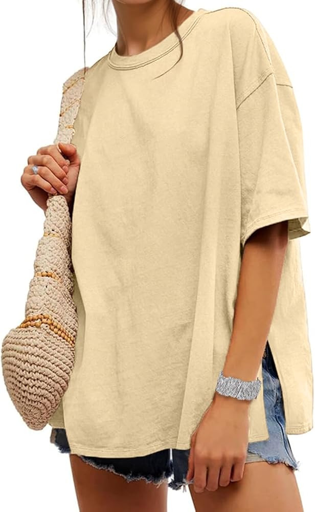 UNCLECAT Womens Oversized T Shirts Summer Trendy Short Sleeve Crew Neck Tops Loose Fit Side Slit ... | Amazon (US)