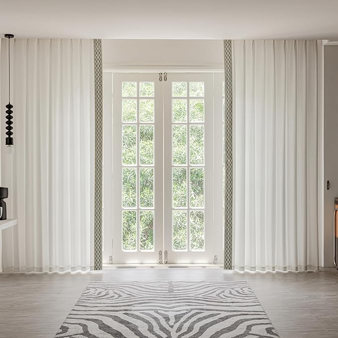 White Colour Linen Curtain Panels with Embroidered Trim Design, Pinch Pleat Curtains, Semi-Sheer ... | Amazon (US)