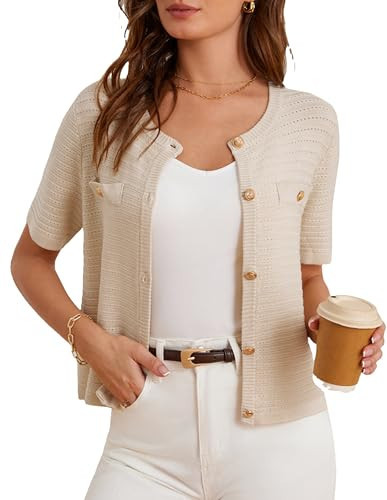 Womens Knit Cardigan Short Sleeve Open Front Button Down Jacket with Pockets 2025 Summer Trendy Blouse Outfits Apricot S | Amazon (US)