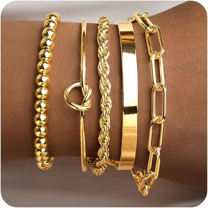 Gold Bracelets for Women Non Tarnish, 14K Gold Plated Chunky Cuff Bracelet Gold Bangles Bracelet ... | Amazon (US)