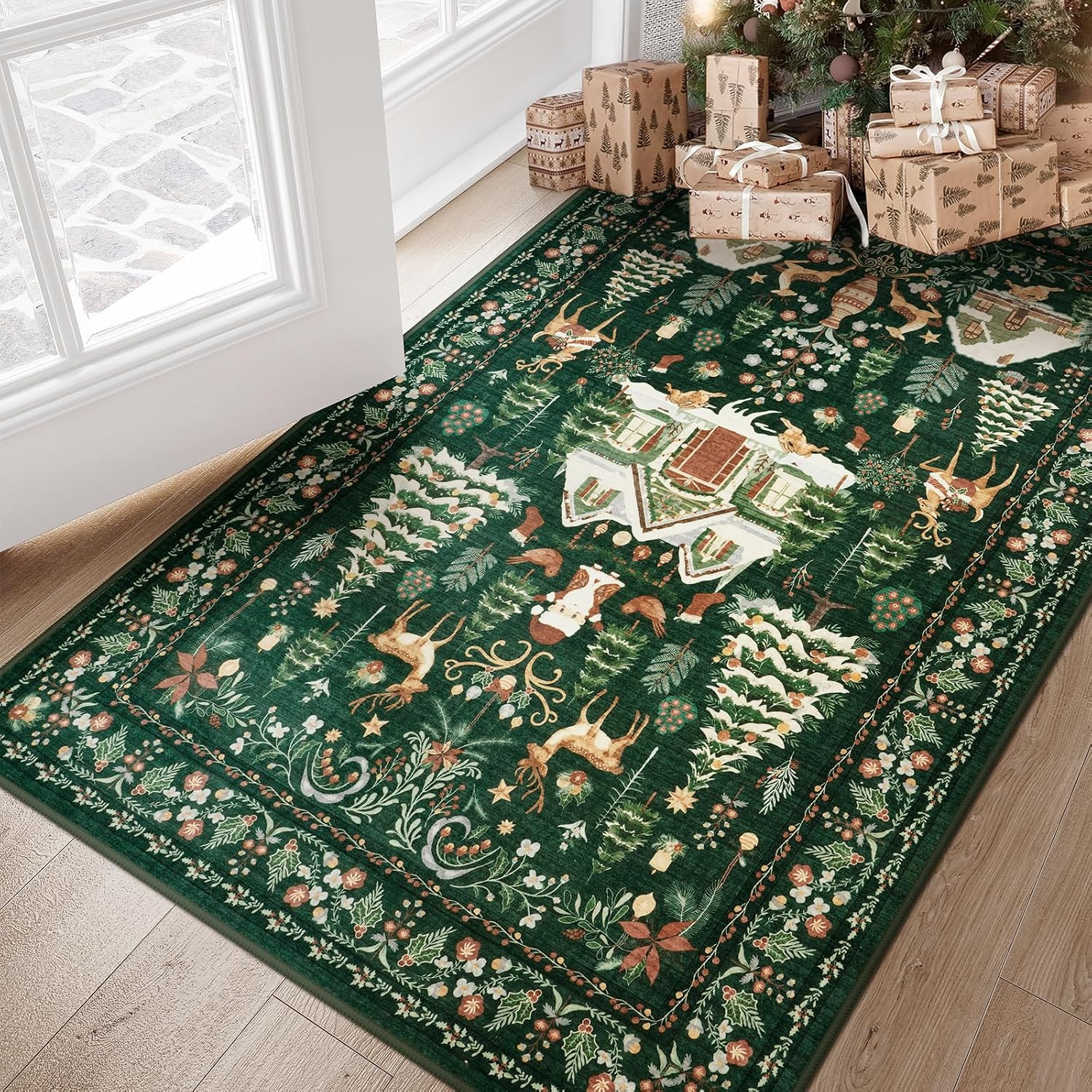 LIVEBOX Washable 3x5 Area Rug, Christmas Green Small Bedroom Rug, Soft Vintage Holiday Rug for Entryway with No-Slip Backing Retro Carpet for Kitchen Laundry Room | Amazon (US)