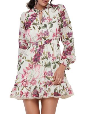Rachel Parcell Floral Tie Neck Mini Dress on SALE | Saks OFF 5TH | Saks Fifth Avenue OFF 5TH