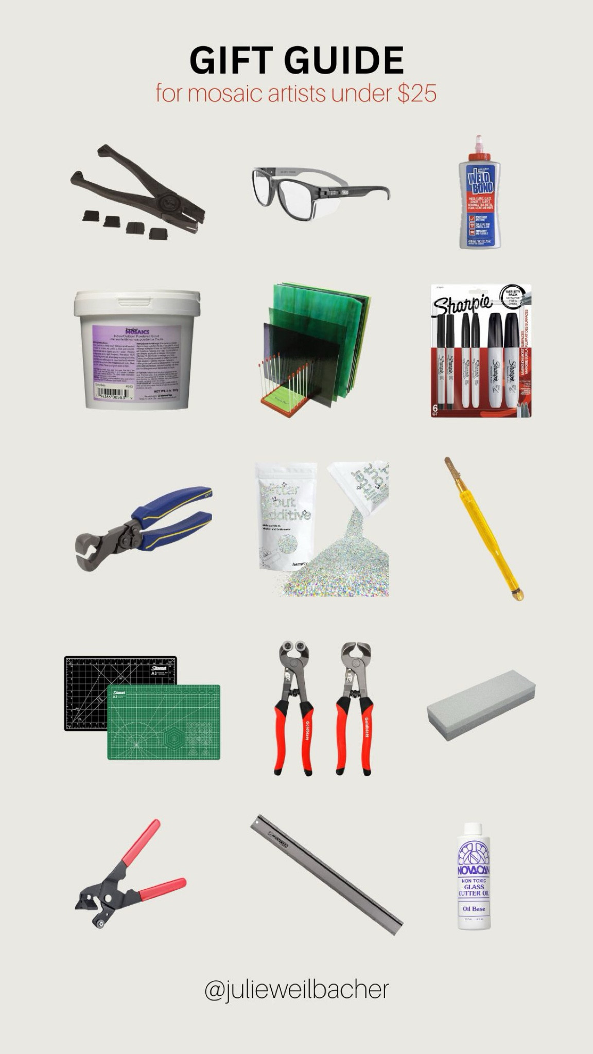 Sharing *must-haves* for mosaic artists as well as a couple would-be-nice items, all $25 or less. 🎄 For mosaic tips, tutorials, inspiration, and so much more please visit my YouTube channel: YouTube.com/julieweilbacher. Follow @julieweilbacher on Instagram for all things mosaic art. gifts for crafters - mosaic - safety glasses - sharpie markers - glitter grout - self-healing mat - non-slip ruler - universal household glue - stained glass - gift guide - gifts under $25

#LTKHoliday #LTKGiftGuide #LTKFindsUnder50