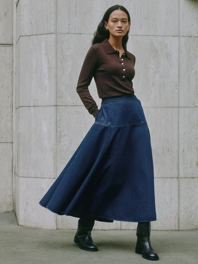 Albaray Basque Denim Midi Skirt, Blue | John Lewis (UK)