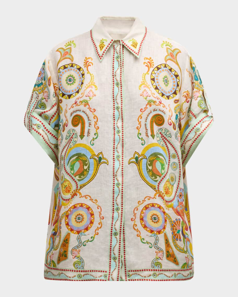 Pinball Mullticolor Linen Button-Front Shirt | Neiman Marcus