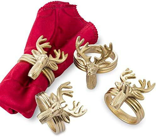 MyGift 4 Pc Deer Head Brass Napkin Rings, Decorative Brass-Tone Cast Aluminum Reindeer Ring for D... | Amazon (US)