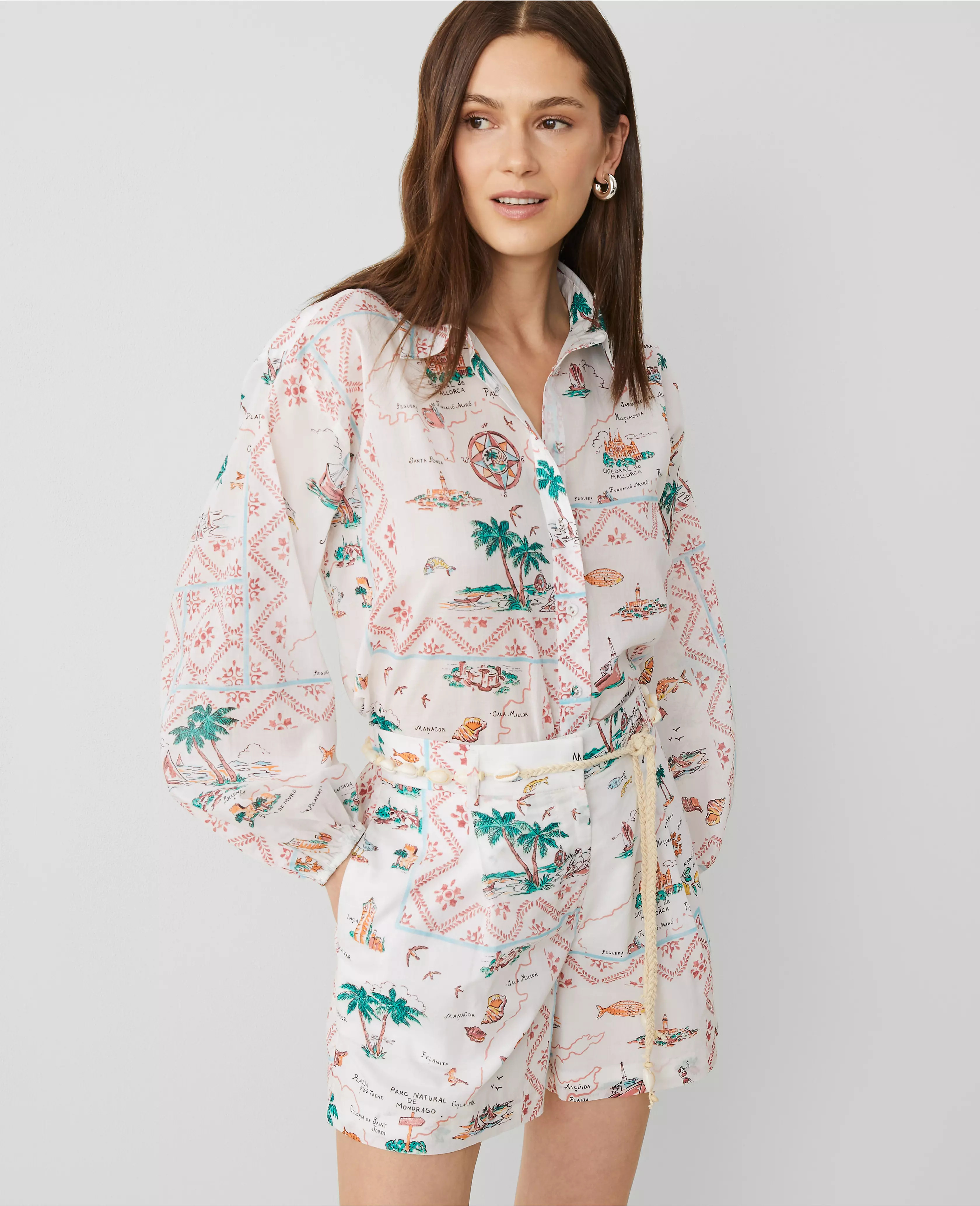 Map Print Blouson Sleeve Blouse | Ann Taylor