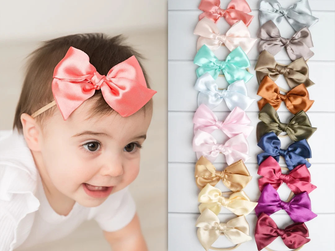 Satin Bow Nylon headband, baby headband, newborn headband, bow skinny nylon headband, one size fi... | Etsy (US)