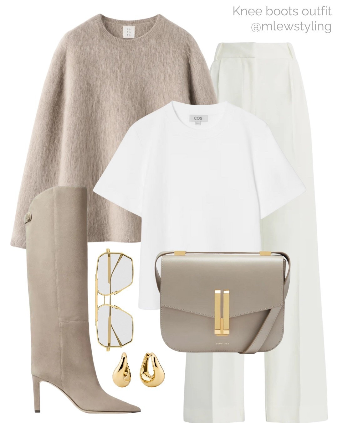 Chic neutral outfit for fall 🤍

Tags: Almada the label cashmere sweater, COS white t-shirt, favorite daughter white pants, tailored trousers, DeMellier taupe bag, bottega veneta aviator sunglasses, Jimmy choo heeled knee boots, capsule wardrobe, fall fashion, autumn outift

#LTKShoeCrush #LTKStyleTip #LTKItBag