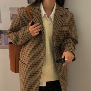 Plaid Blazer Plaid - Brown & Green - One Size | YesStyle Global