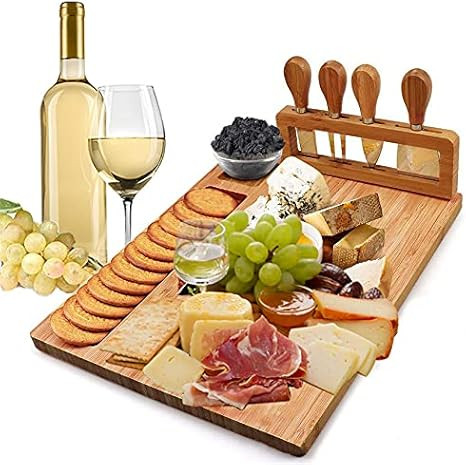 ROYAL HOUSE Unique Bamboo Cheese Board and Knife Set Serving Tray for Crackers, Meat, and Wine- W... | Amazon (US)