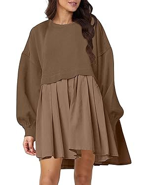 SAFRISIOR Women Oversized Sweatshirt Dress Patchwork Crewneck Long Sleeve Pullover Mini Dress Flo... | Amazon (US)