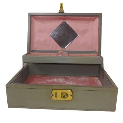 Vintage Jewelry Box Latching Gray Pink Satin Velvet Lined Mirrored 2 Tiered 10" | eBay US