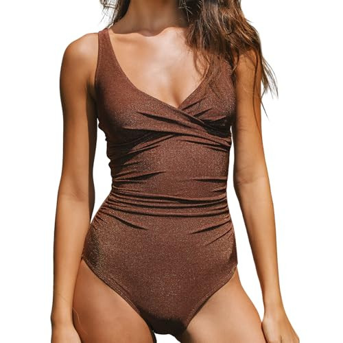 YAKISWIIM Glittery Chocolate Tummy Control One Piece Swimsuits for Women Slimming Bathing Suits V Neck Twist Push Up Swimwear | Amazon (US)