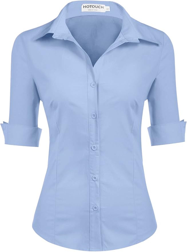 HOTOUCH Womens 3/4 Sleeve Button Down Shirt Slim Fit Work Blouses Cotton Dress Shirts Office Tops | Amazon (US)