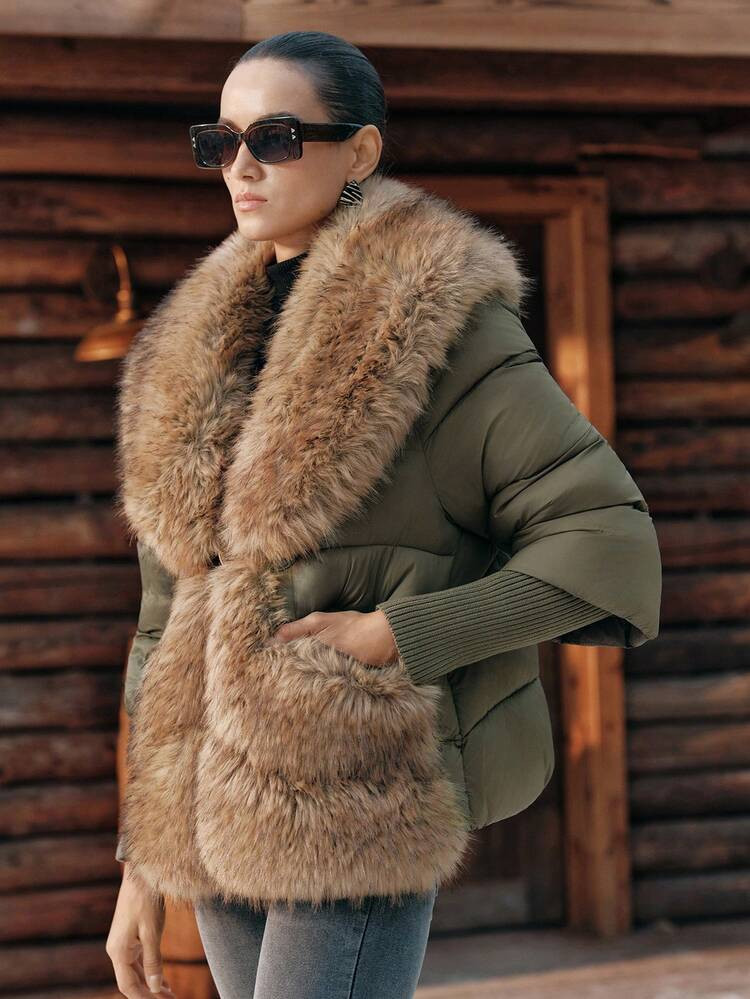 Anewsta Women's Luxury Faux Fur Collar Lantern Sleeve Thick Jacket, Versatile Fashion For Autumn, Fall, Winter, Going Out, Elegant, Formal, Party, Chic, New Year, Christmas, Graduation, Wedding | SHEIN