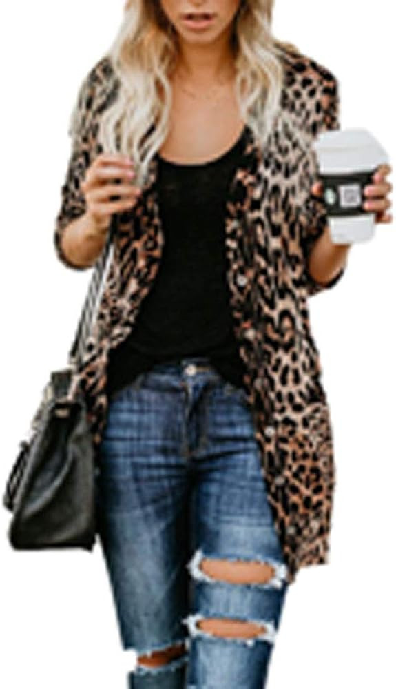 Women's Lightweight Long Sleeve Leopard Print Button Down Shirt Cardigan | Amazon (US)