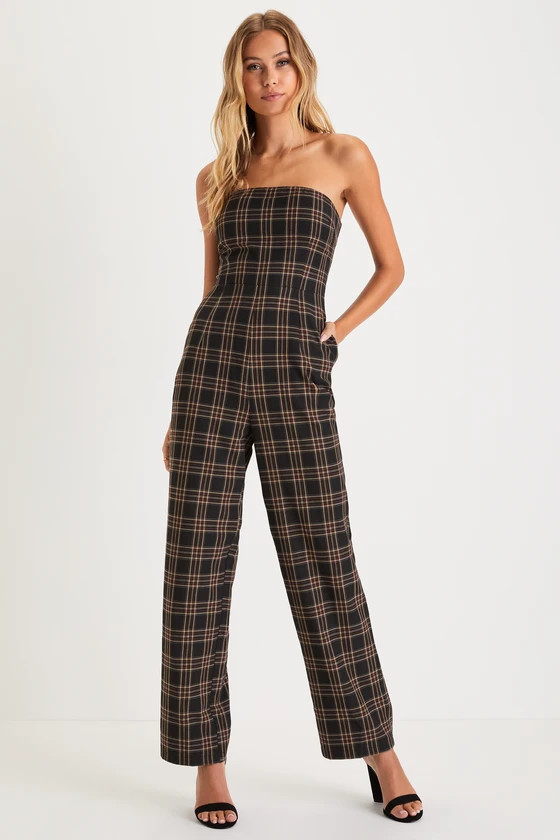 Sophisticated Mood Black Plaid Strapless Straight Leg Jumpsuit | Lulus (US)