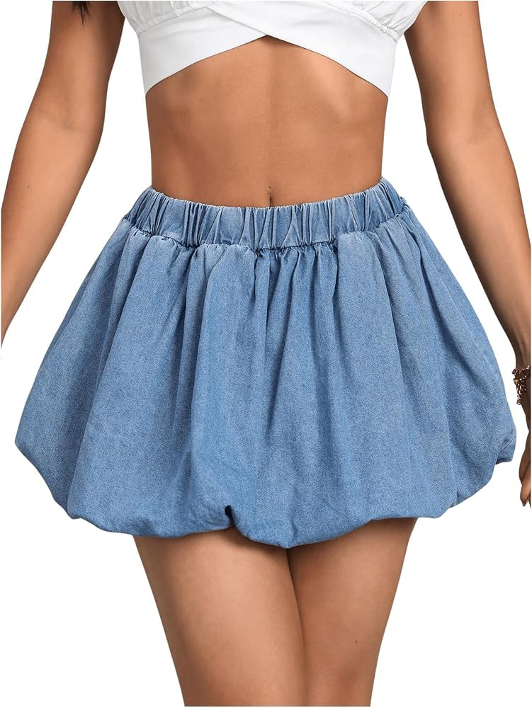 Verdusa Women's Y2k Denim Bubble Skirt Ruched A Line Flared Mini Skirts | Amazon (US)