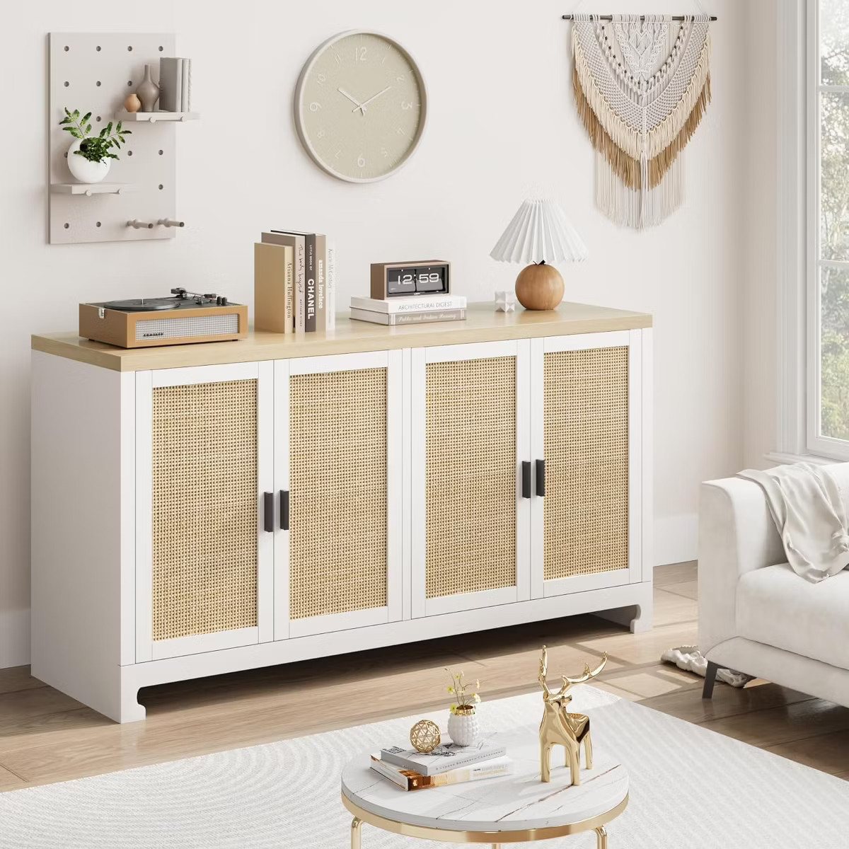 Woven Rattan 4-Door Storage Cabinet, Buffet Sideboard with Shelf, Coffee Bar Console for Kitchen ... | Target