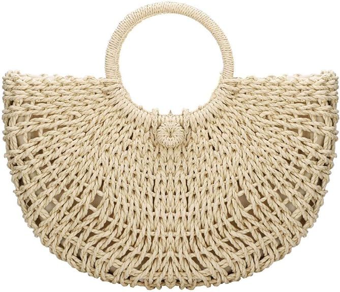 Gets Handwoven Rattan Top-handle Bag for Women Bohemian Round Straw Tote Bag Beach Large Carrying... | Amazon (US)