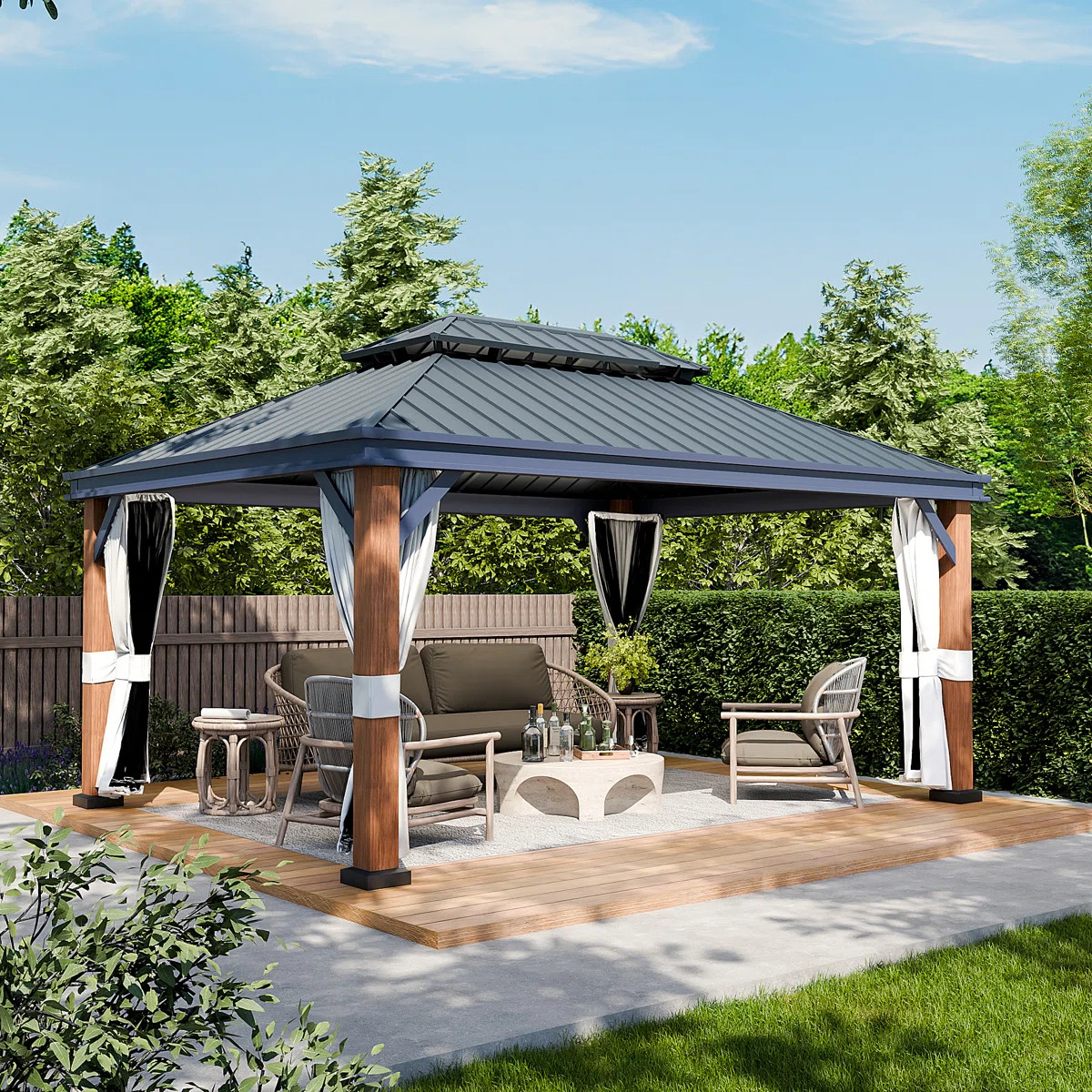 12 Ft. W x 16 Ft. D Wood Grain Aluminum Patio Gazebo, Double Galvanized Steel Hardtop Roof with M... | Wayfair North America