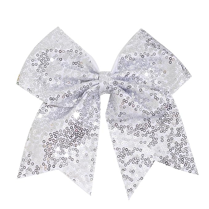 1 Pcs 8" Large Sequin Cheer Bows Clips, Cheerleading Glitter Hair Bow with Alligator Clips Hair Accessories for Cheerleaders Football Competition Sports (Silver) | Amazon (US)