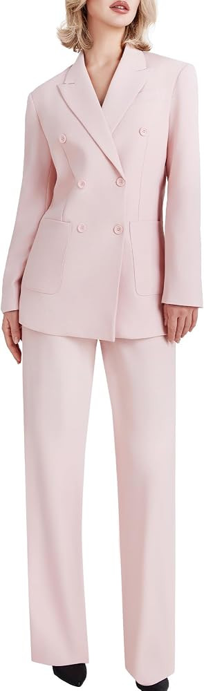Women's 2 Piece Double Breasted Blazer and Wide Leg Pants Pocket Business Casual Office Suit | Amazon (US)