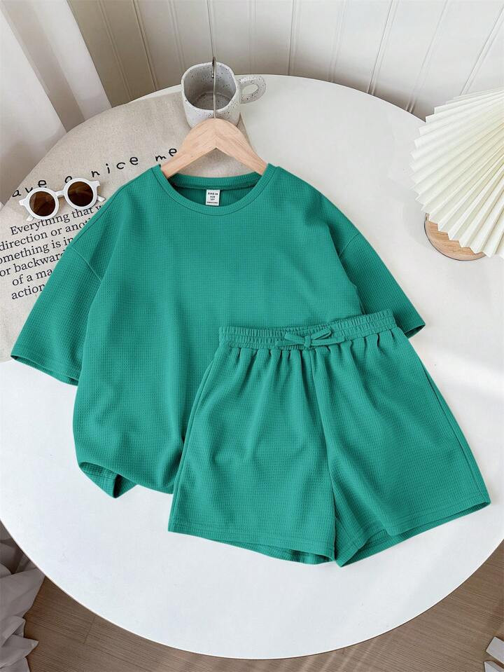 SHEIN Tween Girls' Solid Color Knitted Short Sleeve Top And Loose Shorts Casual 2pcs Set | SHEIN ... | SHEIN