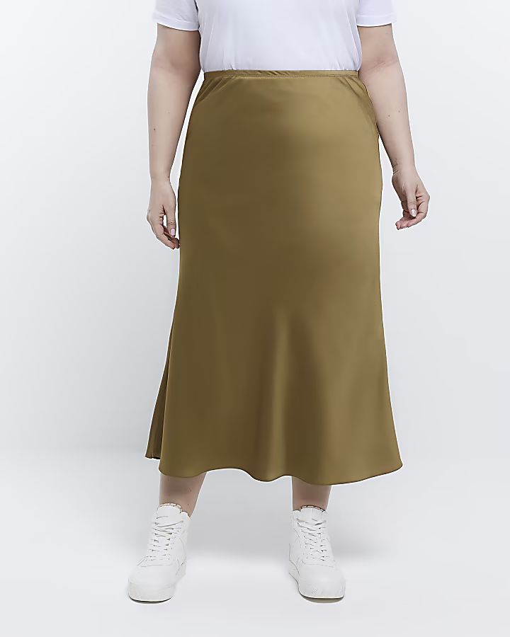 Plus Khaki Satin Midi Skirt | River Island (UK & IE)