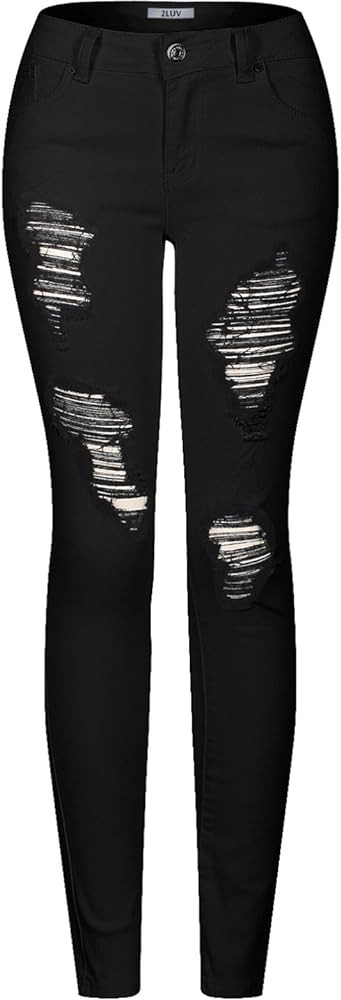 2LUV Women's Stretchy 5 Pocket Destroyed Dark Denim Skinny JeansÂ | Amazon (US)