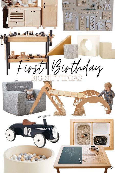 Sharing some first birthday gift ideas! A wooden toy set, climbing ladder and slide, climbing cubes, sensory table, personalized chair, riding car, ball pit, wooden kitchen set and a custom sensory board to manipulate! 

#LTKbaby #LTKunder100 #LTKkids