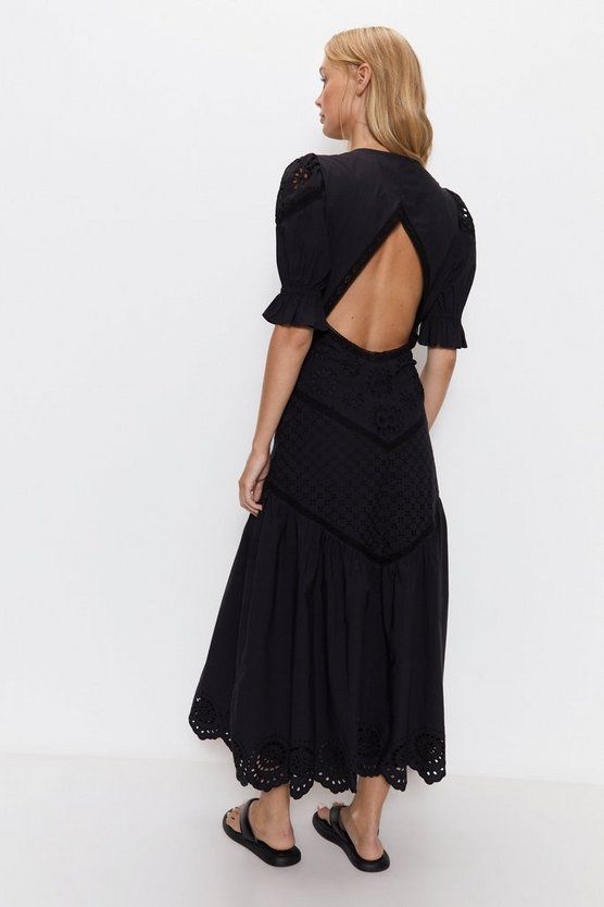 Mixed Broderie Button Front Puff Sleeve Maxi Dress | Warehouse UK & IE