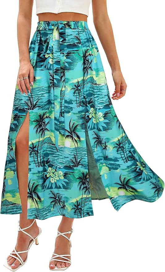 Ezcosplay Women Maxi Hawaiian Floral Slit Skirt High Elastic Waisted Split Thigh Long Skirts with... | Amazon (US)