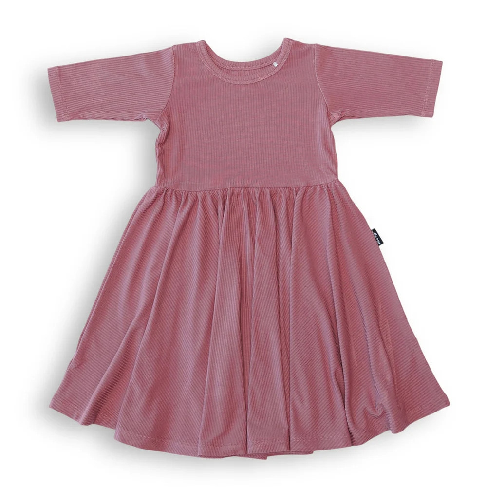 MID SLEEVE TWIRL DRESS- Mauve Ribbed | millie + roo