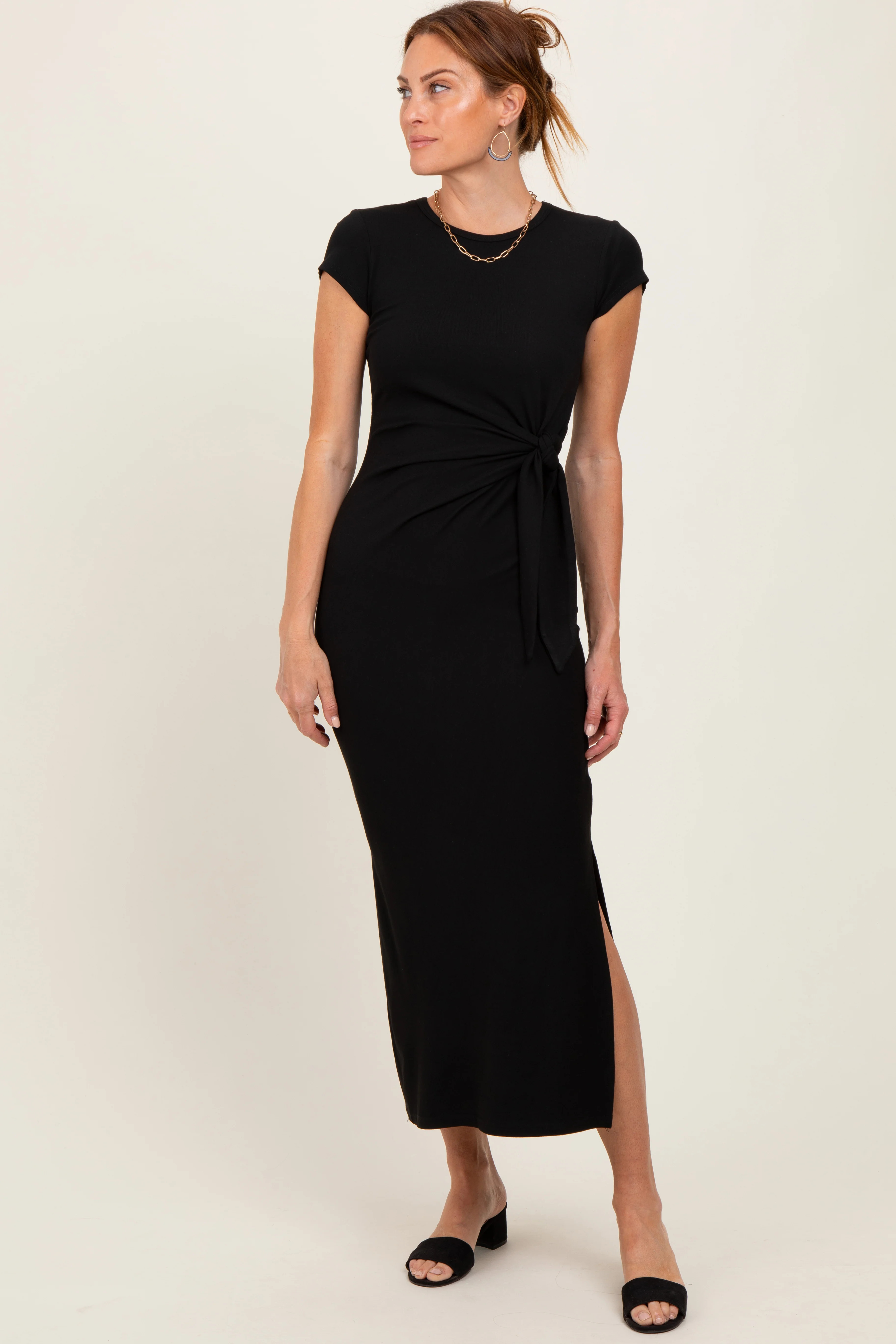 Black Side Knot Tie Short Sleeve Midi Dress | PinkBlush Maternity