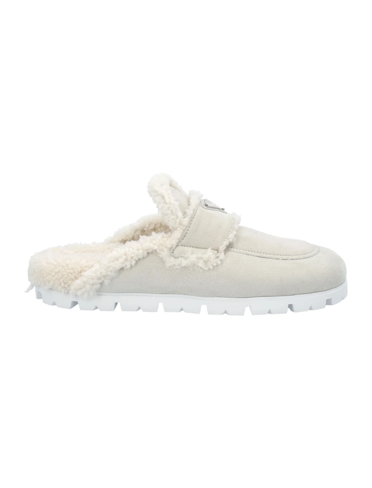 Prada Triangle Logo Shearling Slippers | Cettire Global