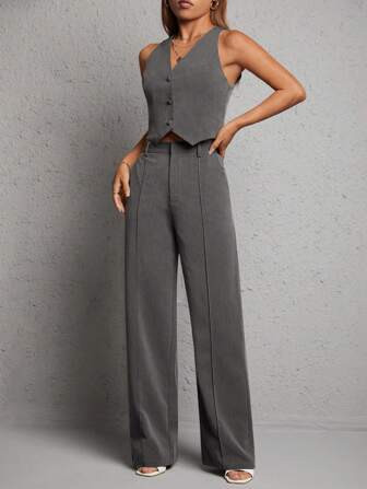 SHEIN Privé Solid Button Front Vest Blazer & Wide Leg Pants | SHEIN