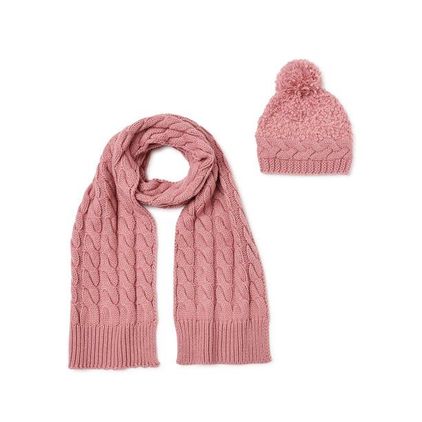 Time and Tru Women's Popcorn Knit and Braided Beanie Hat and Scarf Set, 2-Piece | Walmart (US)