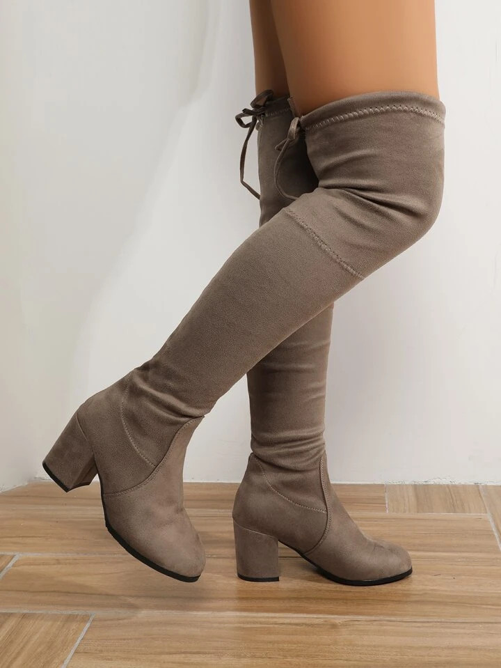 Khaki Elegant Simple Color Elasticity Booties With Faux Suede Fabric Butterfly Bow Decoration And... | SHEIN