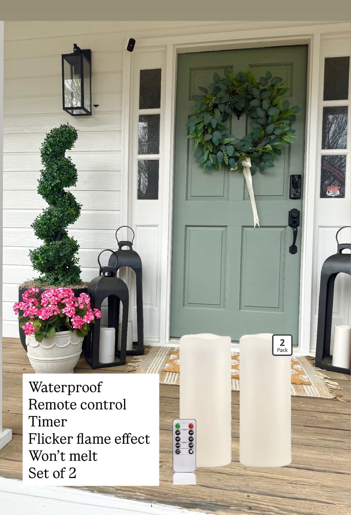 My outdoor candles- I’ve had these same ones for years- 
Waterproof 
Remote control 
Timer 
Flicker flame effect 
Won’t melt 
Set of 2

#LTKmomlife #LTKSeasonal #LTKHome