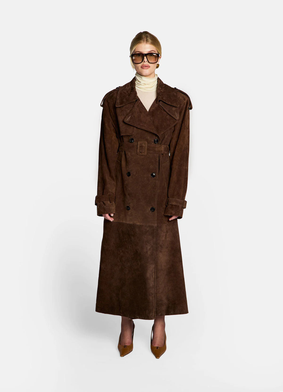 Petite Brown Suede Trench Coat | DE SAVARY LONDON