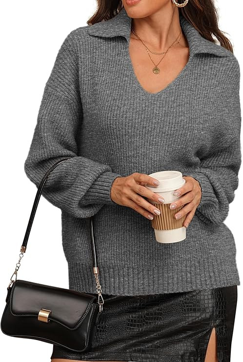 ATHMILE Sweaters for Women Fall Outfits 2025 Fashion Oversized V Neck Lapel Collar Knit Polo Shir... | Amazon (US)