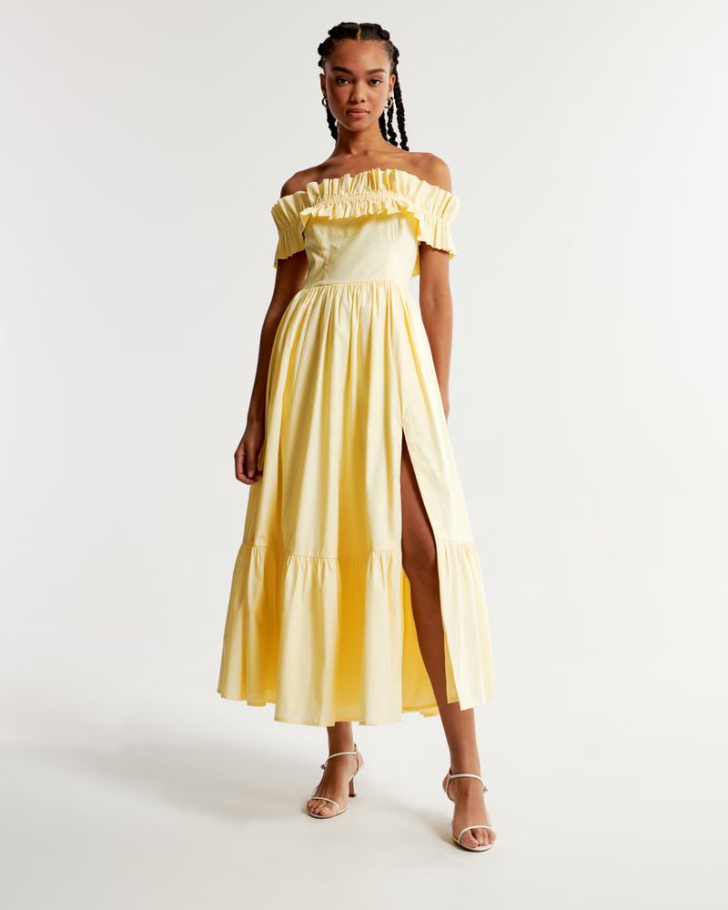 Off-The-Shoulder Ruffle Midi Dress | Abercrombie & Fitch (US)
