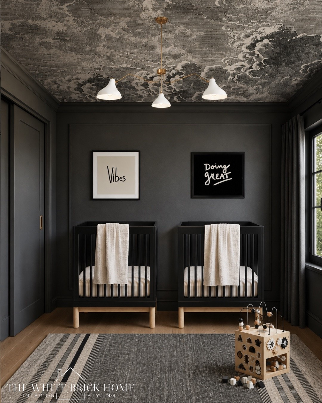 Moody tones, dramatic ceilings, and modern symmetry - thus nursery proves black can still feel timeless. 
🖤🖤
Nursery. Nursery design, nursery decor, nursery wall art, ceiling light, nursery wallpaper, nursery ideas, twin nursery design, shared nursery design, kids room, kids bedroom, kids room design, twin nursery design, twin nursery ideas, crib, nursery rug, baby bedroom, modern nursery, nursery design ideas, moody nursery ideas, home decor, baby bedding, wayfair, minted

#LTKHome #LTKBump #LTKBaby