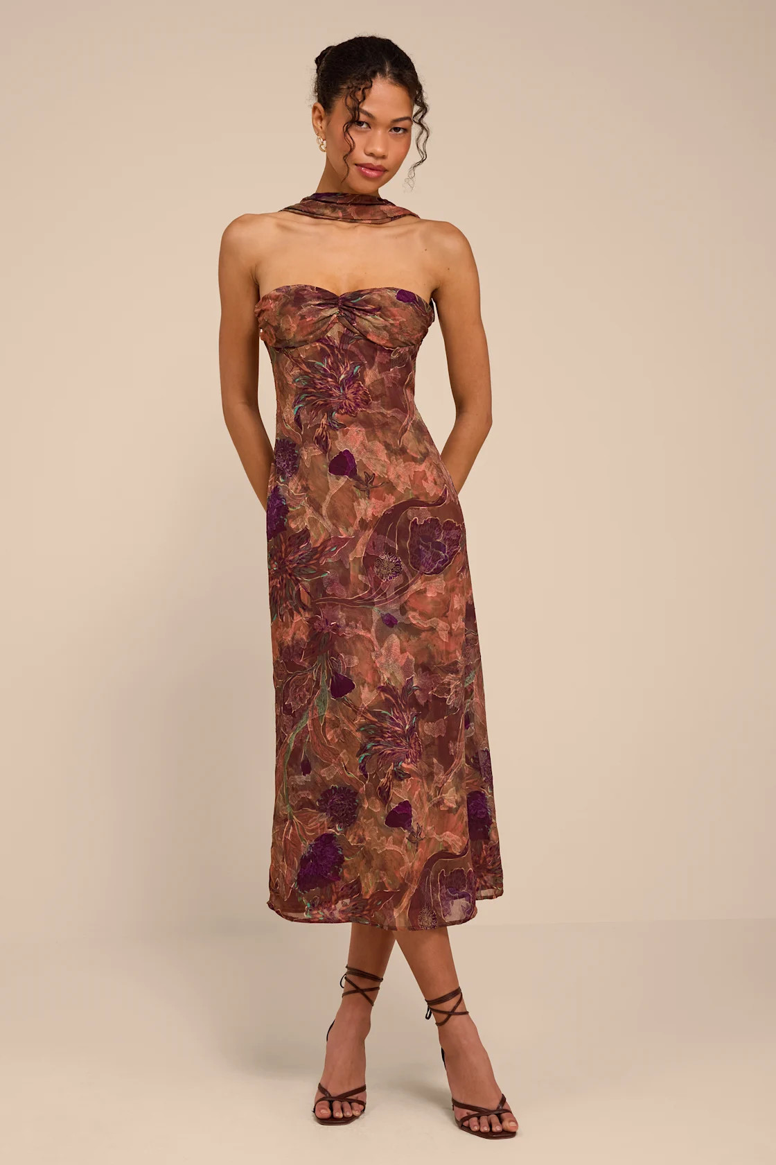 Aviva Brown Multi Jacquard Backless Scarf Midi Dress | Lulus