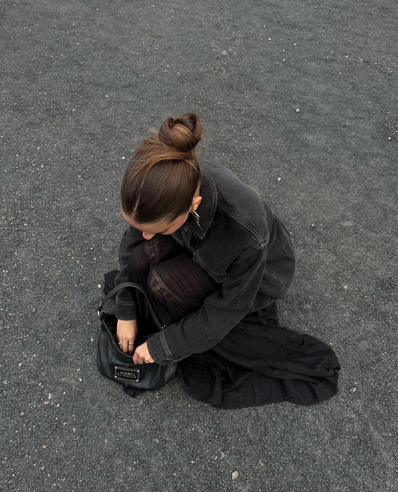 festival outfit — all black denim jacket, maxi skirt + biker boots 