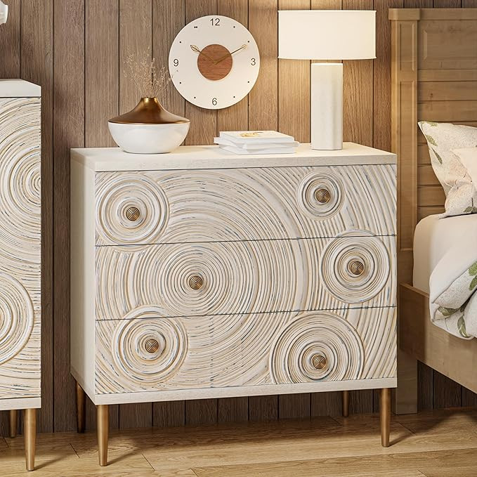 Farmhouse 3 Drawer Dresser with Ring Motif, Disstressed Embossed Nightstand for Bedroom, Entryway... | Amazon (US)