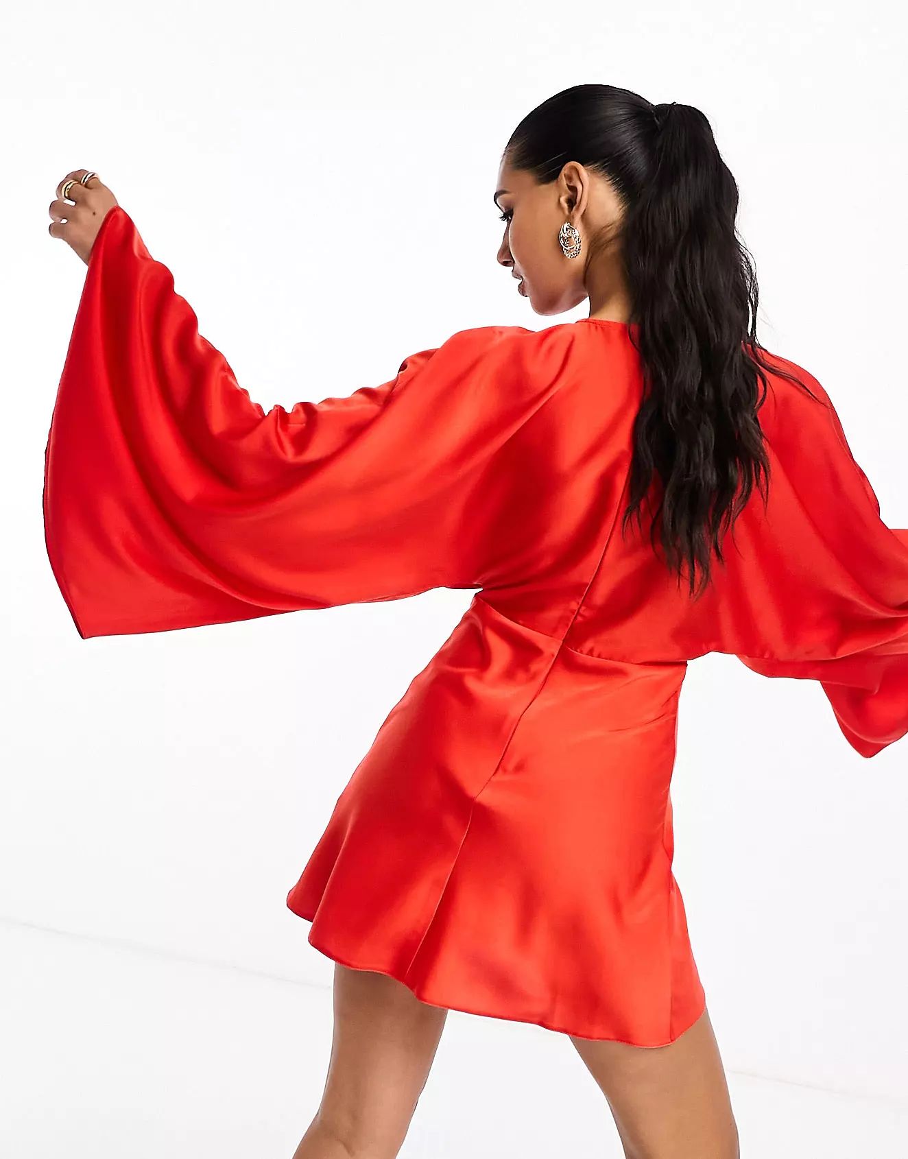 ASOS DESIGN satin batwing sleeve mini dress in red | ASOS (Global)
