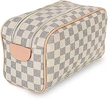 Cream Checkered Cosmetic Bag